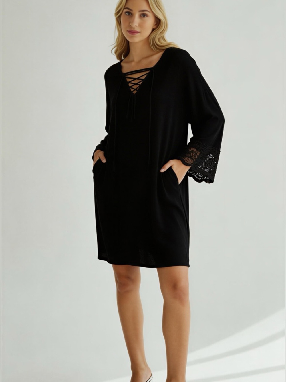 AGB Black Midi Dress with Lace Accents and Pockets Size XL